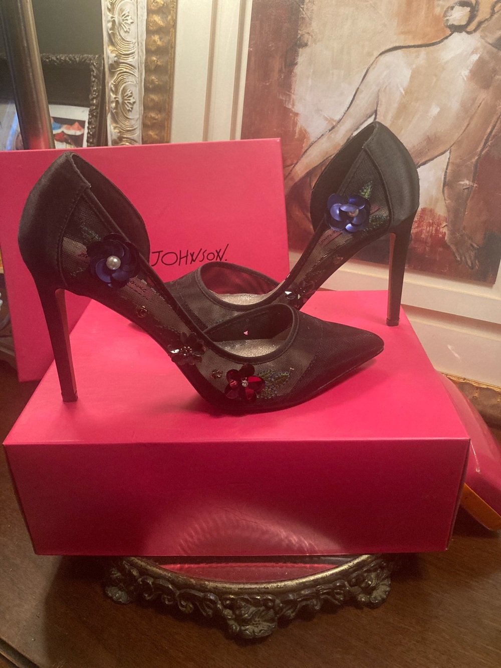 Genuine Betsey Johnson Jewel Black Floral Mesh Pointed-Toe Stiletto Heels
